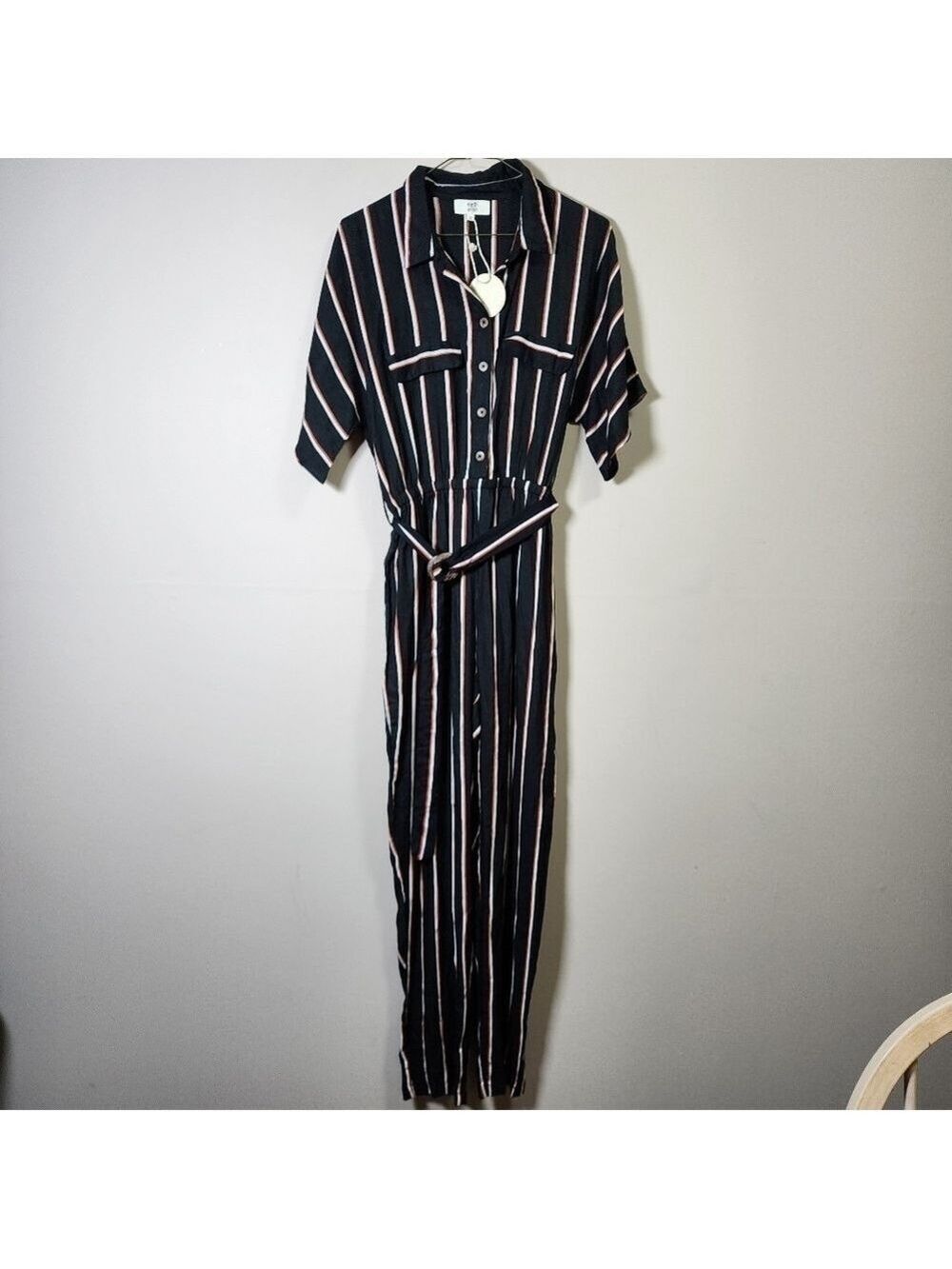 Earth angel striped wide leg jumpsuit with belt color black size small
